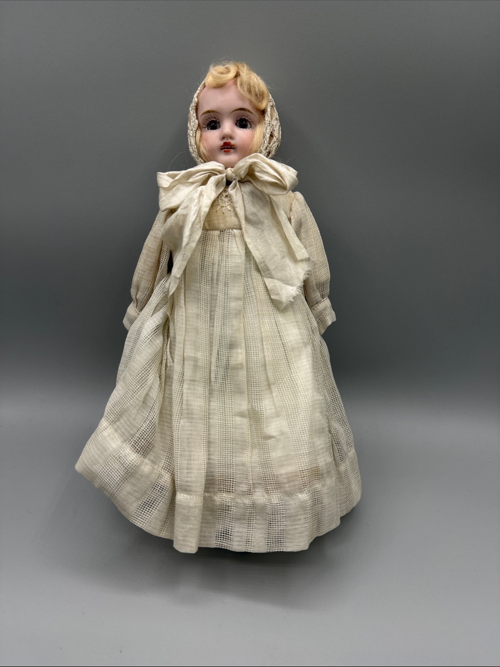 Antique Bisque Doll Cream Dress Crochet Doily Bonnet Silk Ribbon